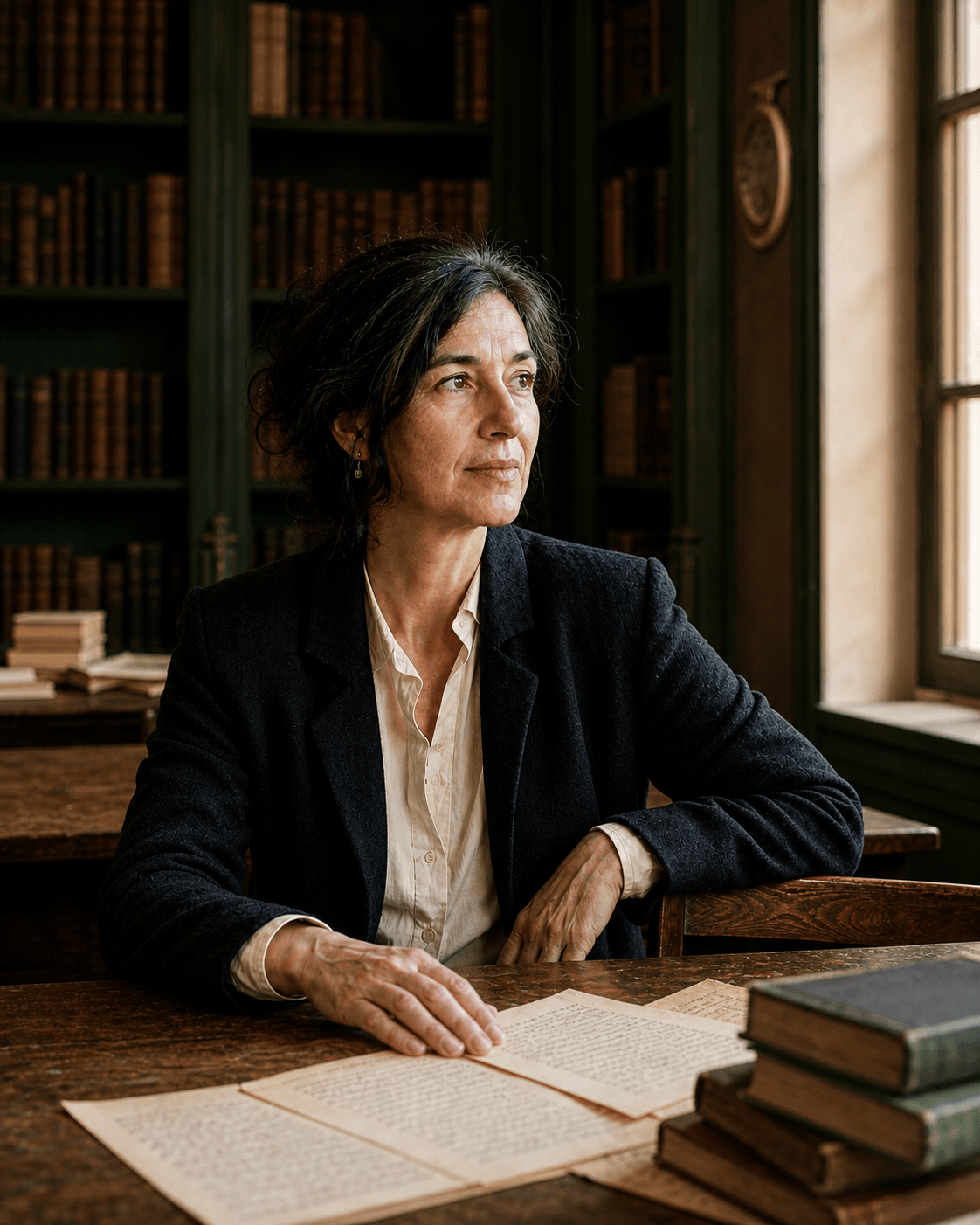 Mira Leka seated at a wooden reading table in a historic library